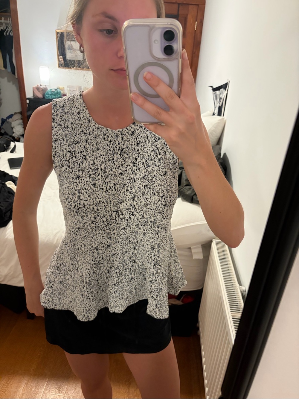 Theory Black & White Speckled Sleeveless Peplum Tank